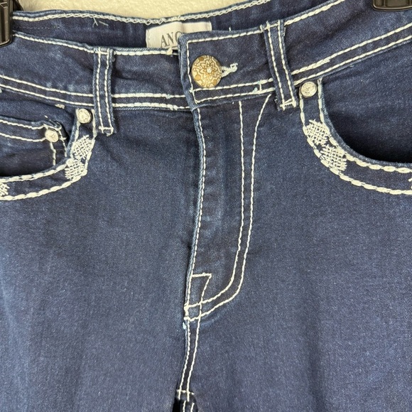 Angel Dark Wash Embroidered Pockets Womens Jeans Zipper Pull On Flare Boot Cut - Picture 6 of 10